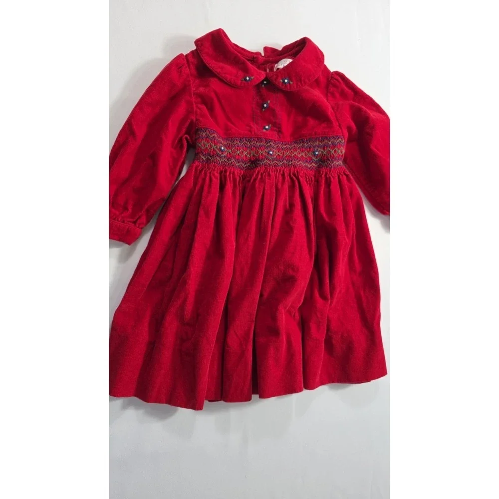 Vintage Just Friends Baby Girl Red Corduroy Dress Smocked Collar 2T Holiday